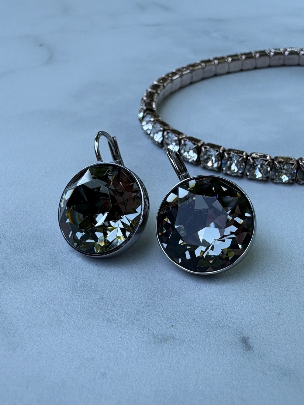 Swarovski BELLA Smoky Crystal Round Drop Earrings + Matching Bracelet